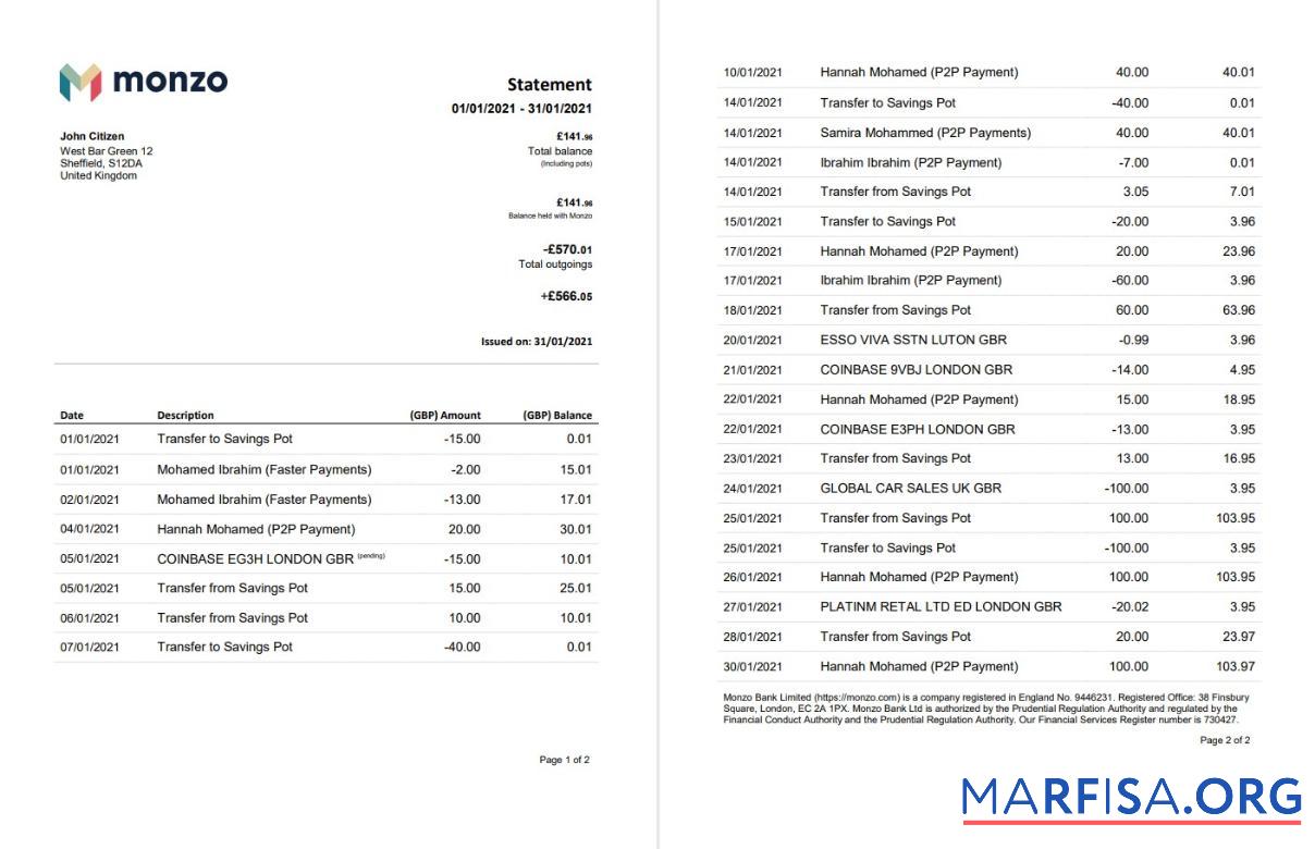 Printable United Kingdom Monzo bank statement word sample